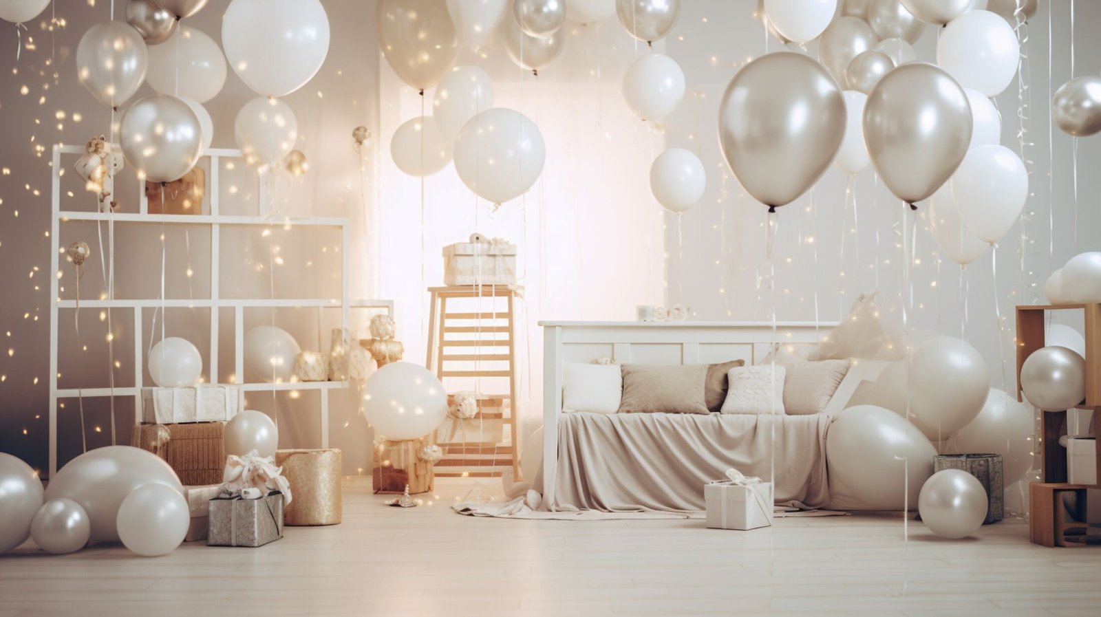 Elegant birthday party room decorated with balloons, fairy lights, and gifts